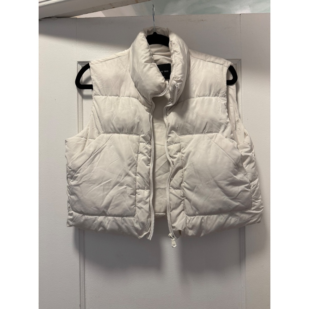 Love Tree Women Off White Puffer Vest Quilted Full Zip Cropped Sleeveless Small